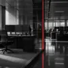 Monochrome Börsenumgebung mit roter Trennlinie zwischen Handelsarm und reguliertem Marktbereich