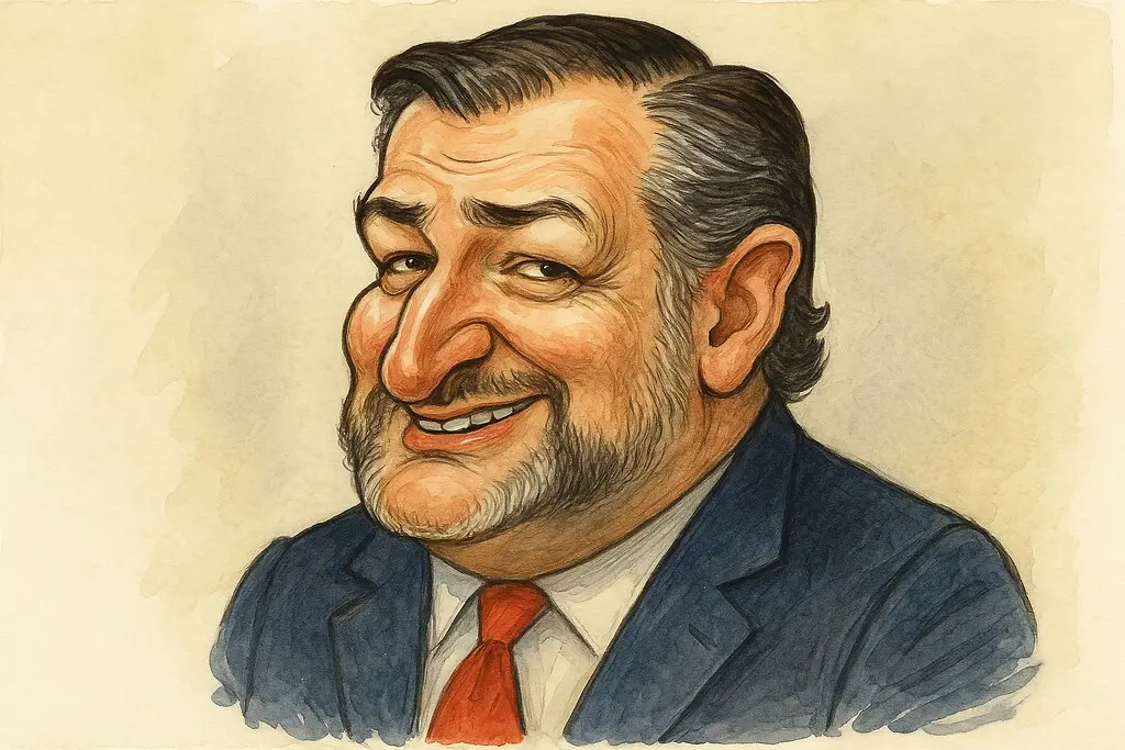 Eine Aquarellkarikatur von Ted Cruz im Anzug mit roter Krawatte.