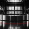 Monochrome editorial image of a continuous steel trading structure inside a modern derivatives exchange