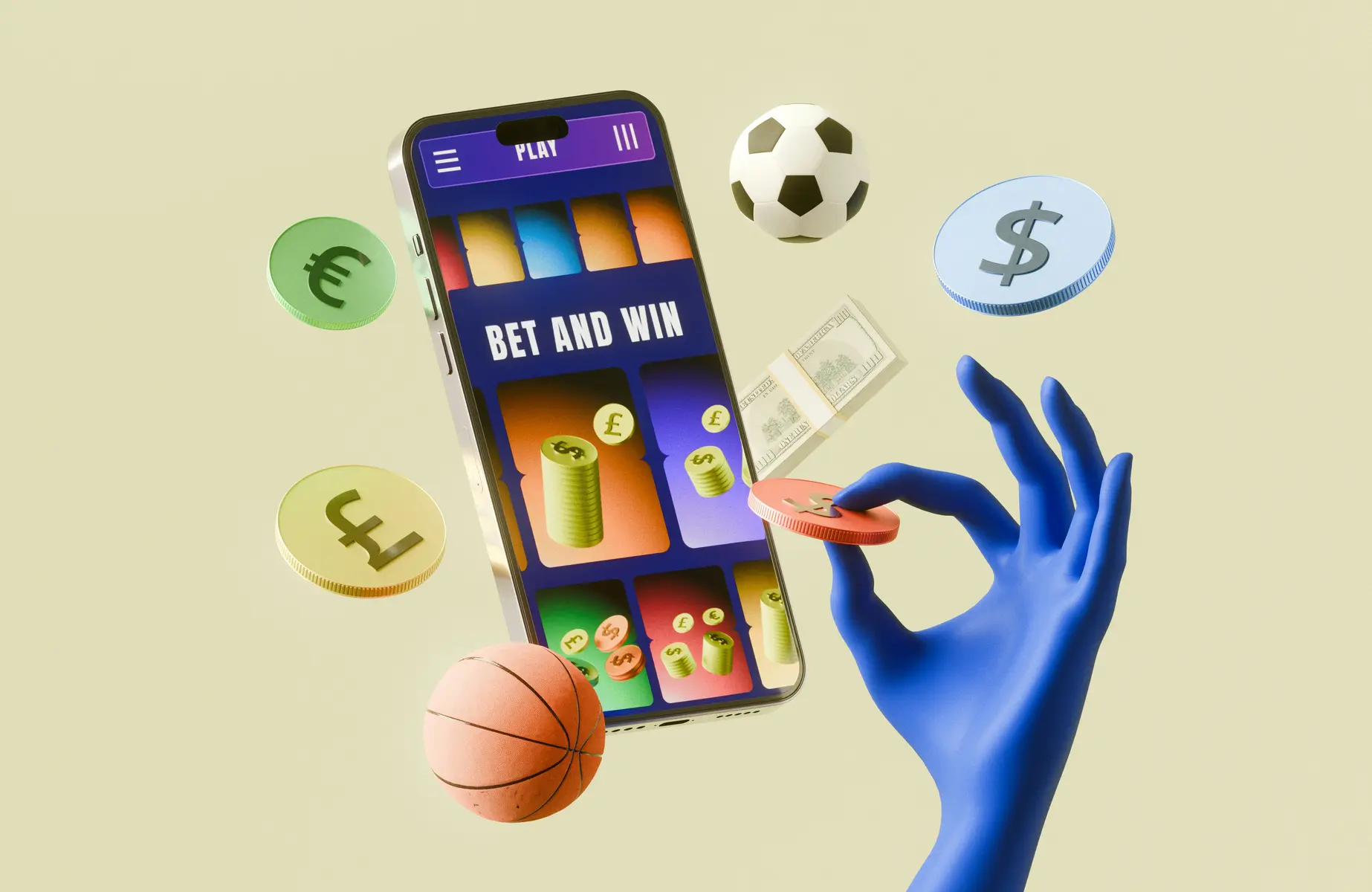 Ilustración 3D de un teléfono móvil con una aplicación de apuestas rodeado de monedas, pelotas y billetes.