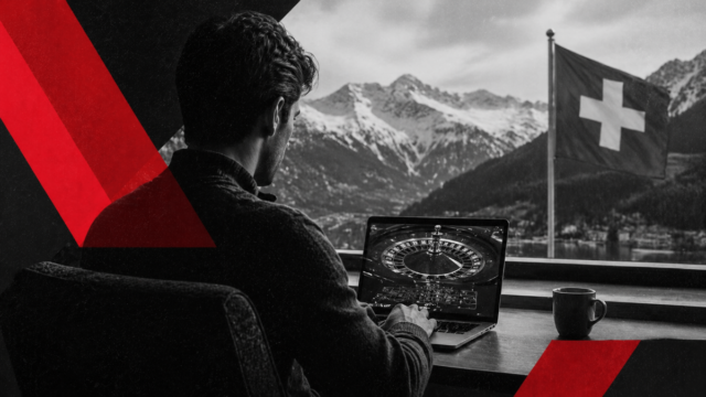 image montre une personne jouant à la roulette en ligne avec drapeau suisse et montagnes en fond