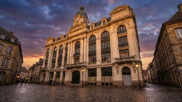 Historic vacant commercial building in Belfort France at twilight awaiting casino renovation project