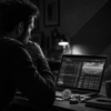 image montrant un parieur devant son laptop avec un B de bitcoin