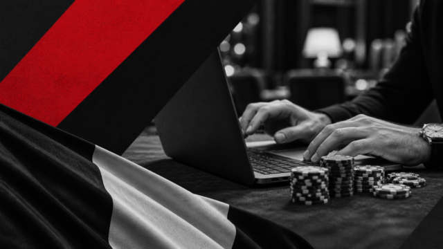 image montre joueur devant laptop avec jetons de poker et drapeau de la belgique