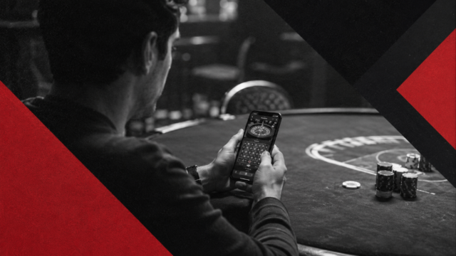 image montre joueur de casino en train de regarder son tel pour payer avec google pay avec table de jeu au second plan
