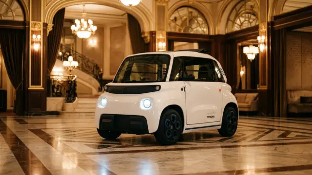 Fiat Topolino electric car displayed in elegant French casino interior with golden ambient lighting