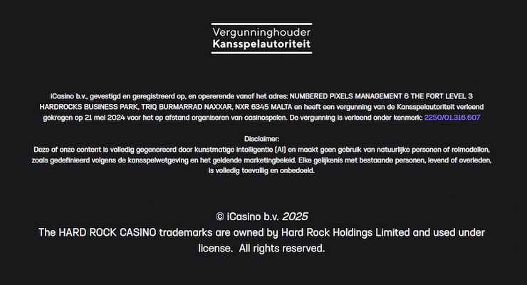 Ksa licentie info van Hard Rock casino in de footer van de homepage
