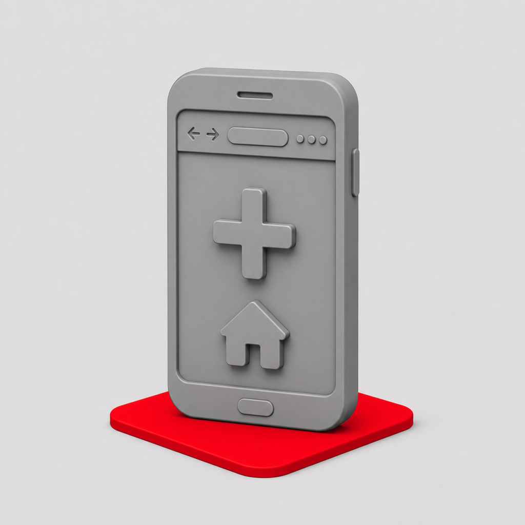 Minimalistisch 3D-icoon van een smartphonescherm met een webbrowser, plusteken en startscherm-icoon met rood accent, ter illustratie van een PWA toevoegen.