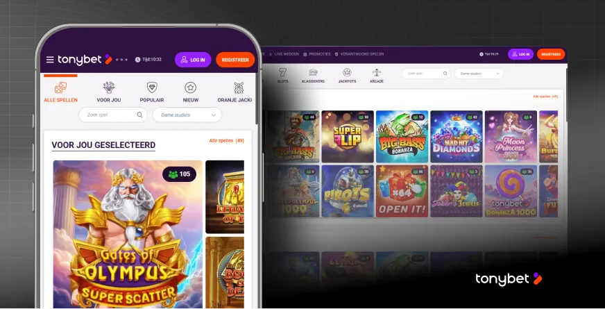 TonyBet startpagina op mobiel en desktop