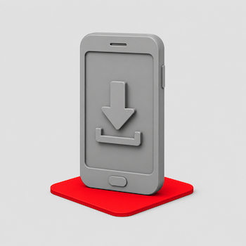 Minimalistisch 3D-icoon van een grijze mobiele telefoon met een downloadpijl en rood schaduwaccent, ter illustratie van het installeren van een casino app.