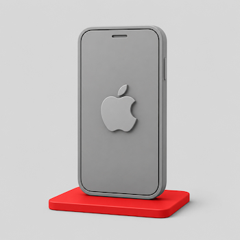 Minimalistisch 3D-icoon van een grijze iPhone met een Apple-symbool en rood schaduwaccent, ter illustratie van een casino app installeren op iOS.