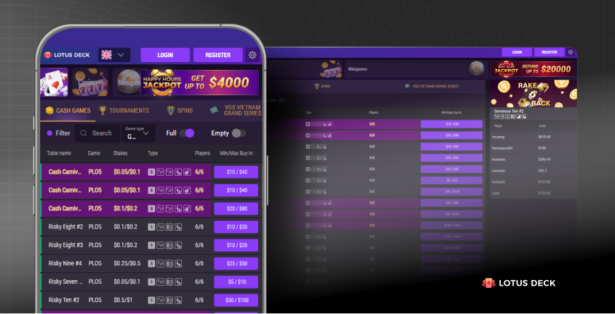 Lotus Deck cash games overzicht op mobiele telefoon en desktop pc.