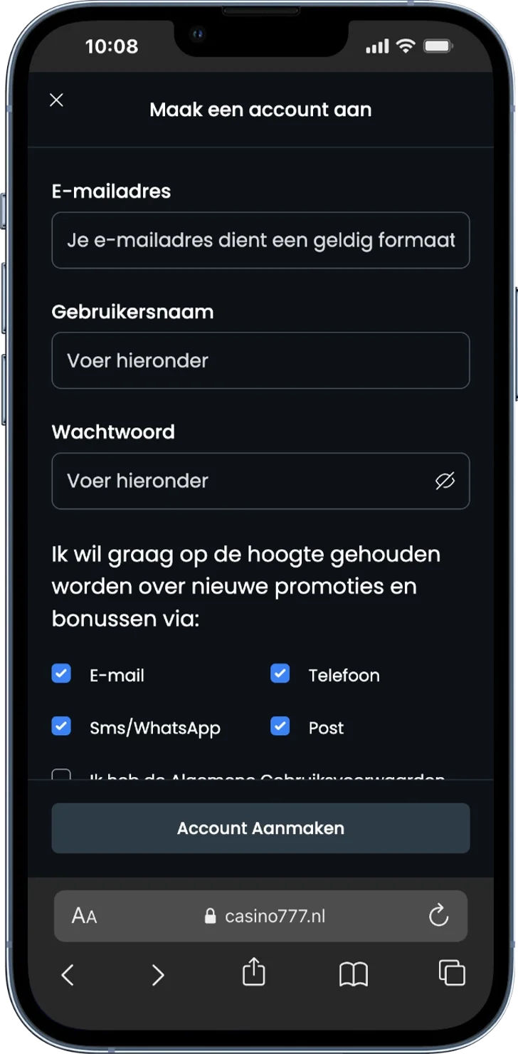 mobiel screenshot casino 777 - registreren