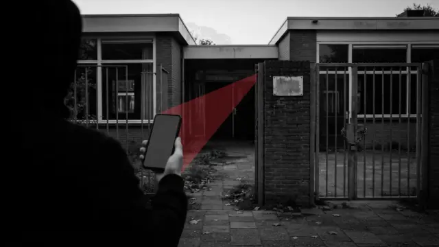Abandoned school entrance and blank smartphone symbolise covert mobile redirection through a former school domain