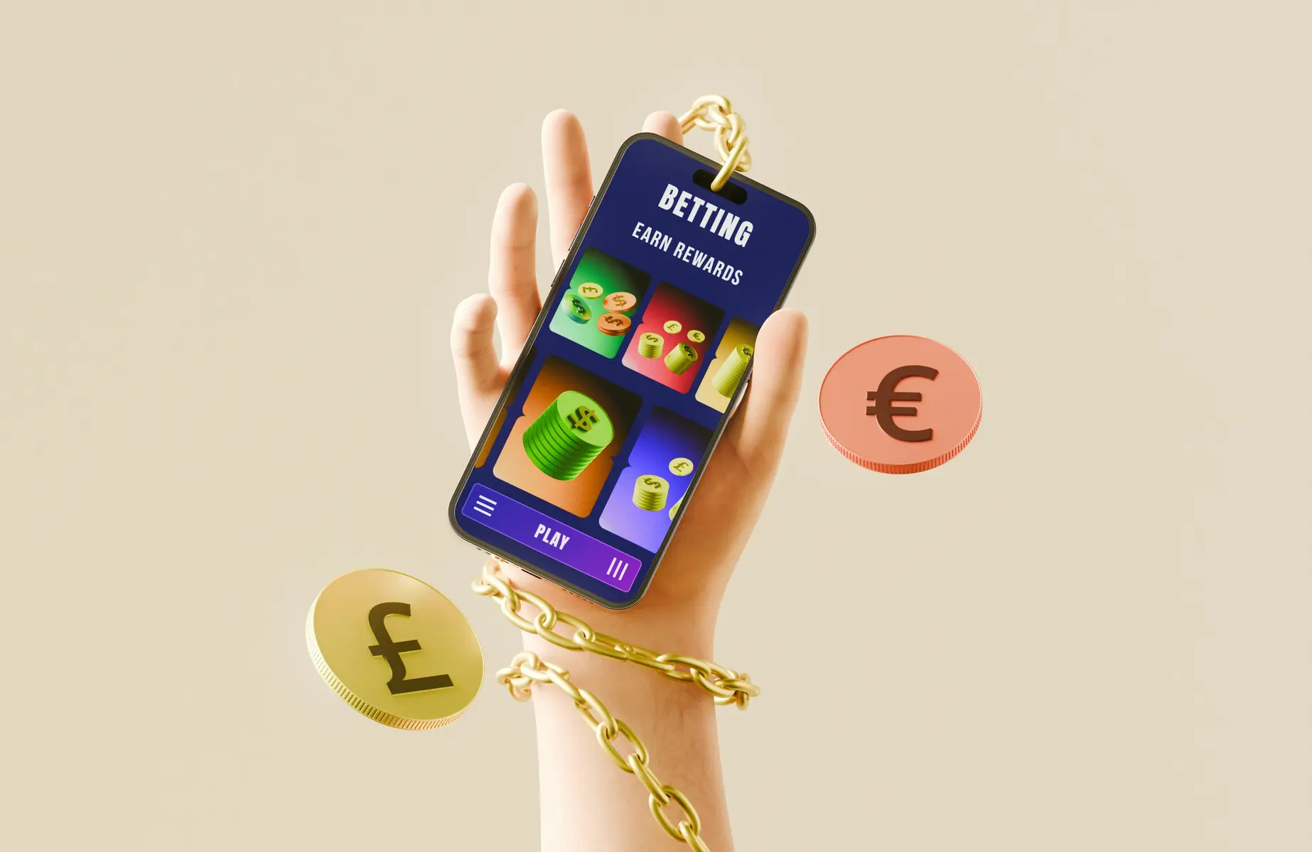 Een hand die een smartphone vasthoudt met een gokapp, omringd door munten en een gouden ketting.