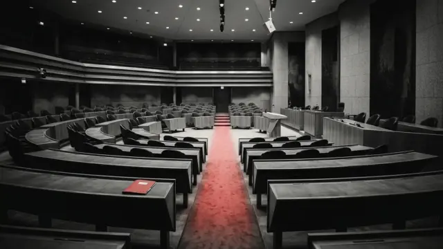 Zwart-wit beeld van de Tweede Kamer over politieke verantwoordelijkheid voor gokreclame