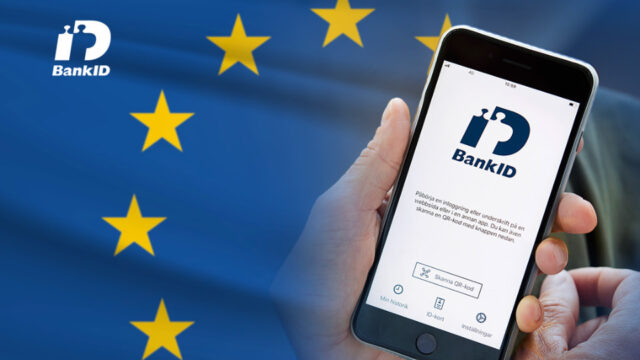 BankID legitimation på mobilen med en europeisk flagga