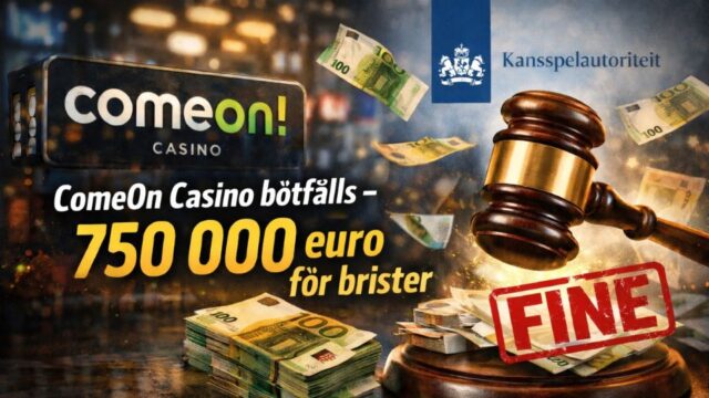 Spelklubba och sedelbuntar framför ComeOn Casino-skylt med text om böter på 750 000 euro