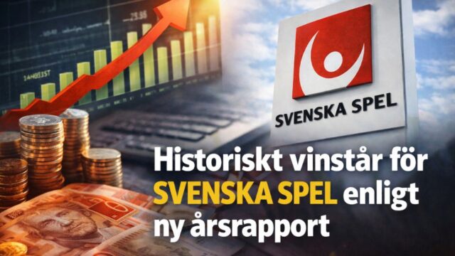 Svenska Spel-logotyp bredvid stapeldiagram med uppåtgående pil samt mynt och sedlar i förgrunden.