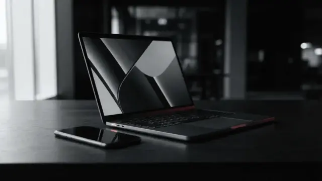 Monochrome digital workspace symbolizing Veikkaus’s technology investment before Finland’s regulated gaming market opens