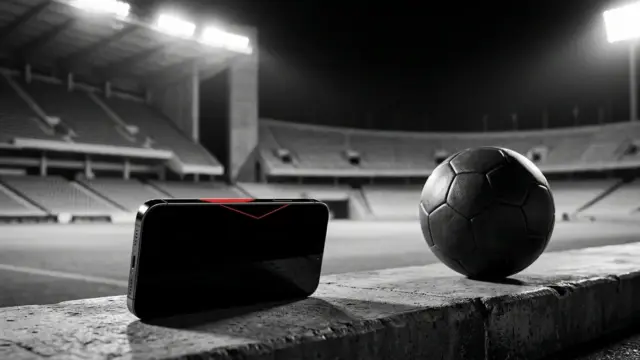 Monokrom bild av smartphone och fotboll på en upplyst stadion, som symboliserar en uppgraderad sportsbook.