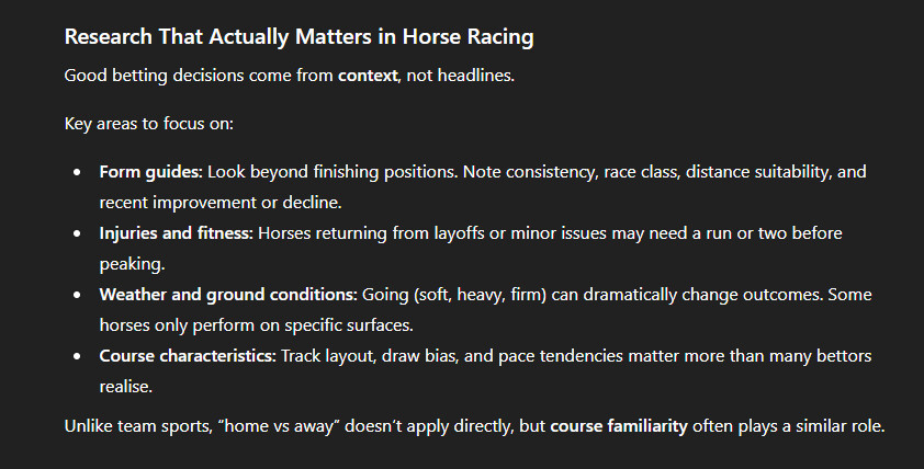 ChatGPT outlining key research factors for horse racing betting, including form guides, fitness, and track conditions