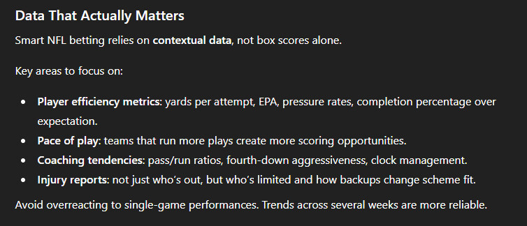 ChatGPT highlighting key NFL betting data points like efficiency metrics, pace of play, and coaching tendencies