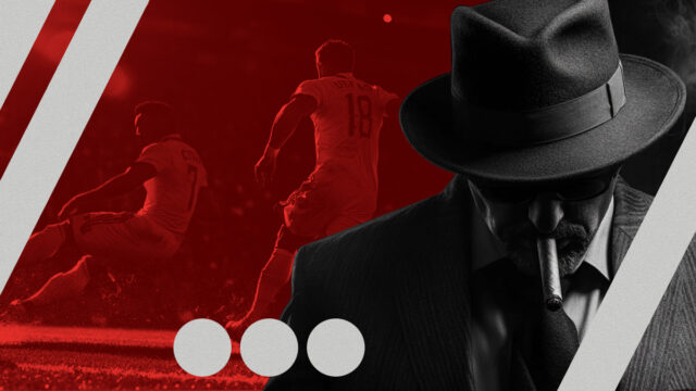 ChatGPT sports betting concept with football players in action and a shadowed figure in the foreground