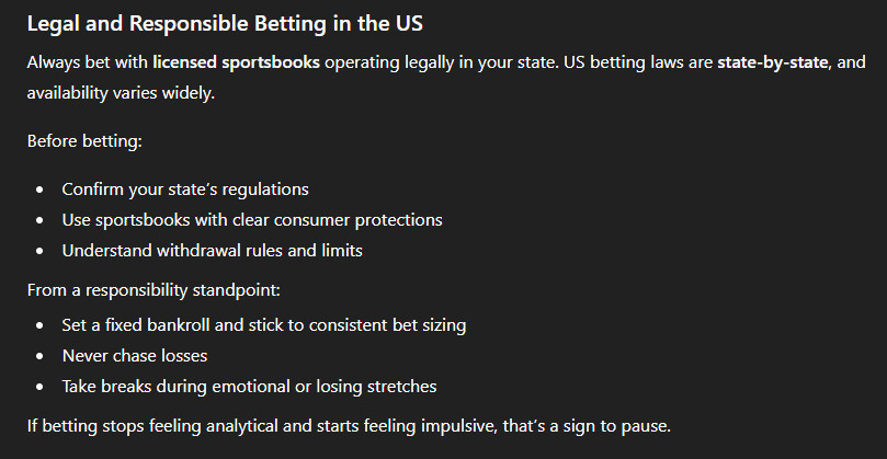 ChatGPT outlining legal and responsible sports betting guidance for the US market