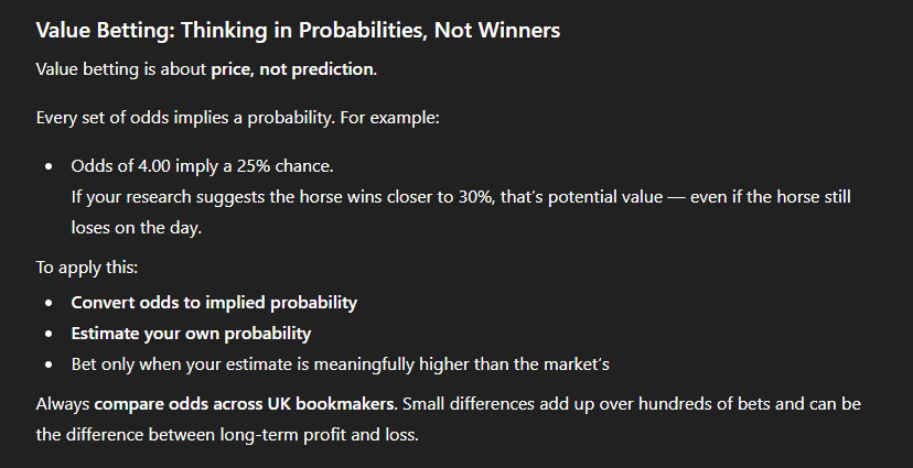 ChatGPT explaining value betting concepts using implied probability and odds comparison