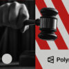 A judge’s gavel beside the Polymarket logo against a red and white background symbolizing U.S. legal scrutiny