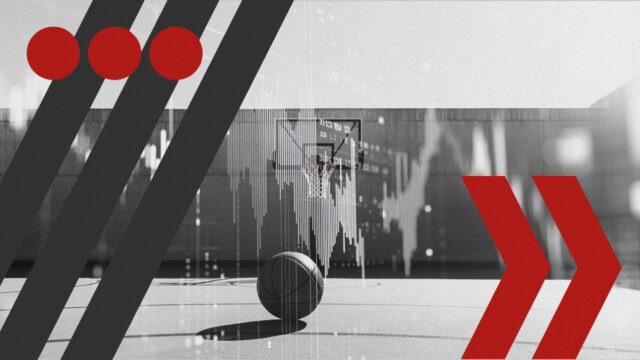 Abstract image showing a basketball on a court with data charts and graphic arrows, representing prediction markets vs. sports betting analysis