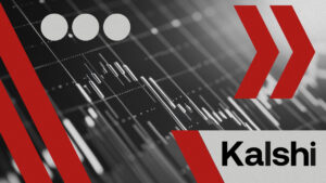 Abstract trading chart background with the Kalshi logo and red directional arrows