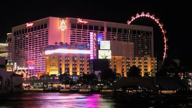 Former Bally’s Las Vegas hotel site on the Strip at night before redevelopment into the Athletics ballpark and new Bally’s resort