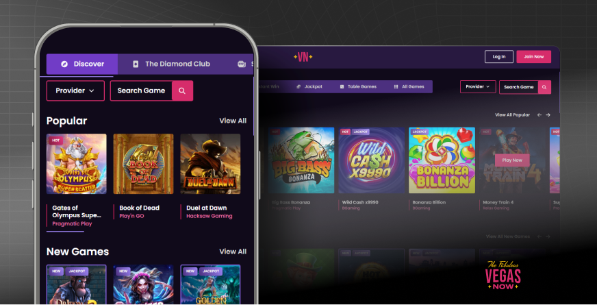vegas now casino homepage on dekstop and moble
