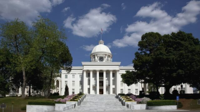 Front steps and dome of the Alabama State Capitol building in Montgomery