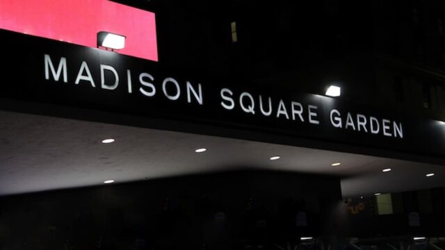 Exterior view of Madison Square Garden at night in New York City