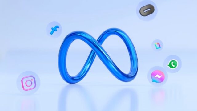 Blue Meta infinity logo surrounded by social media app icons representing Meta Platforms and its social media network