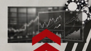Financial charts with rising arrows and stacked chips symbolizing growth and competition in prediction markets