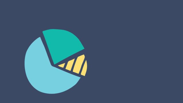 A green, blue, yellow pie chart sits center-left against dark blue grey background