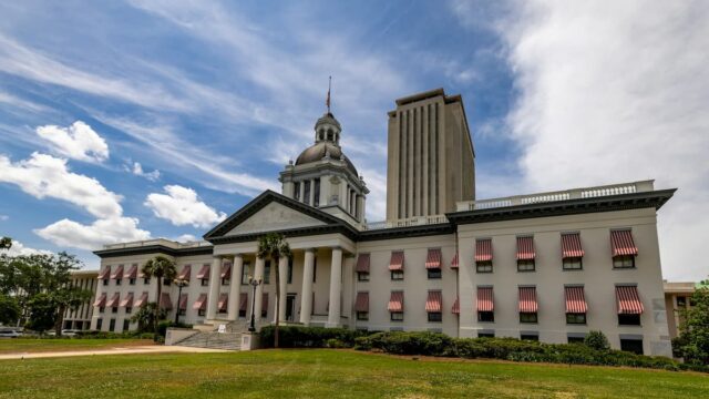 Historic Florida State Capitol building in Tallahassee with the modern Capitol tower behind it during Florida’s 2026 legislative session