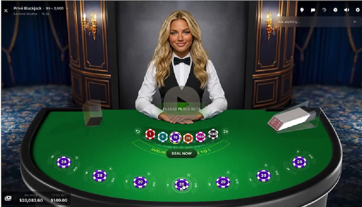 AI-powered blackjack dealer on a digital casino table interface with betting chips and player positions displayed