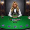 AI-powered blackjack dealer on a digital casino table interface with betting chips and player positions displayed