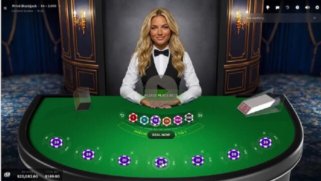AI-powered blackjack dealer on a digital casino table interface with betting chips and player positions displayed