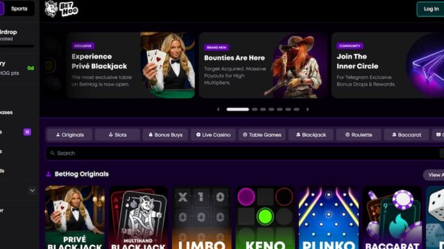 BetHog online casino interface showing crypto gambling platform with blackjack, slots, and live casino games
