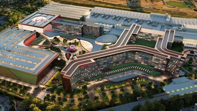 Rendering of Resorts World New York City casino expansion in Queens showing hotel towers, gaming complex, and surrounding development