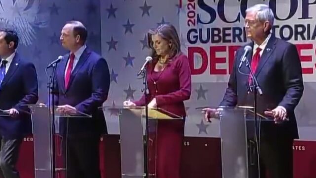 South Carolina Republican gubernatorial candidates standing at podiums during primary debate