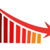 Digital illustration of a falling bar graph with a declining arrow on top, showing tragectory. Image uses brown-red-yellow color gradient against white background