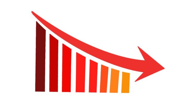 Digital illustration of a falling bar graph with a declining arrow on top, showing tragectory. Image uses brown-red-yellow color gradient against white background