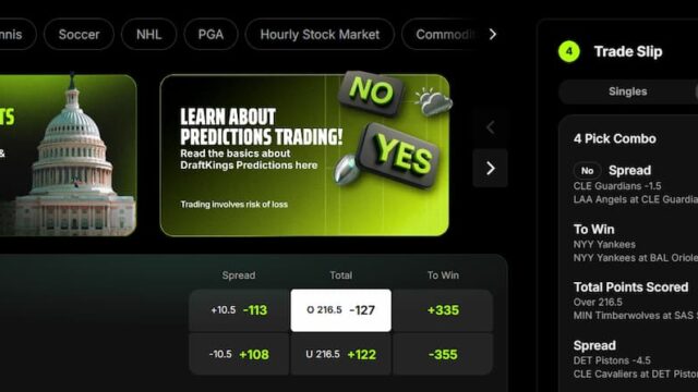 DraftKings Predictions interface showing sports event contracts and a combo trade slip with multiple selections